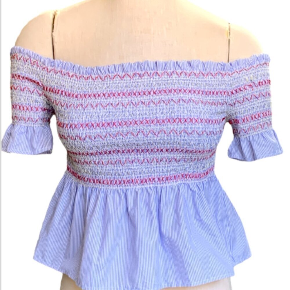 Style Envy Smocked Off Shoulder Ruffle Peplum Babydoll Top M Blue Pinstripe 360G